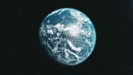 Earth Orbit Zoom Reverse Open Space Background. Rotate Planet Solar System Soft Sun Beam Celestial Constellation Universe Map Travel Concept 3D Animationの写真素材