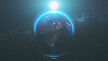 Earth Rotation Orbit Flare Sunlight Illumination. Milky Way Observation Fast Motion Planet Deep Outer Space Navigation Universe Exploration 3D Animationの写真素材