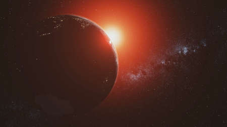 Planet Earth Motion Sunlight Illuminate Open Space. Red Sunlight Radiance Cosmic Nebula Satellite View. Solar System Milky Way Outer Galaxy 3D Animationの写真素材