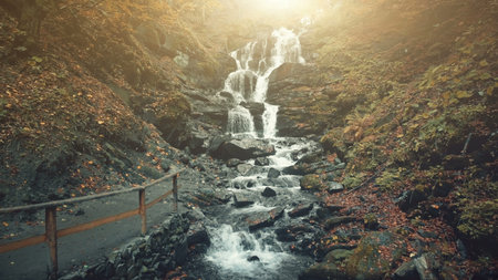 Highland Forestry Slope Foamy Waterfall Stream. Wild Natural Mountain River Flow Rocky Bottom Bank...