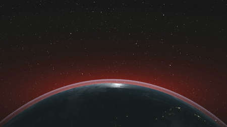Earth Orbit Rotate Planet Skyline Starry Background. Celestial Interstellar Constellation Spin World Map Deep Space Exploration Concept 3D Animationの写真素材