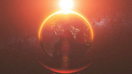 Earth Orbit Rotation Reverse Bright Red Sun Beam. Celestial Globe World Map Starry Universe Galaxy Constellation Universe Exploration Concept 3D Animationの写真素材