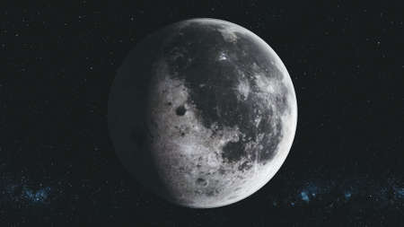 Spin Moon Orbit Motion Milky Way Galaxy Background. Planet Surface Radiance Crater Scenery Satellite View. Outer Space Navigation Exploration 3D Animationの写真素材