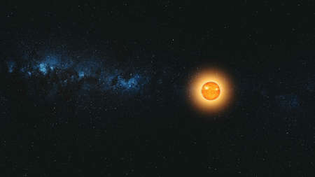 Sun Lit Earth Fast Motion Reduce Sight Zoom Out. Flare Sunlight Planet Starry Galaxy Deep Outer Space Navigation. Universe Exploration Concept 3D Animationの写真素材