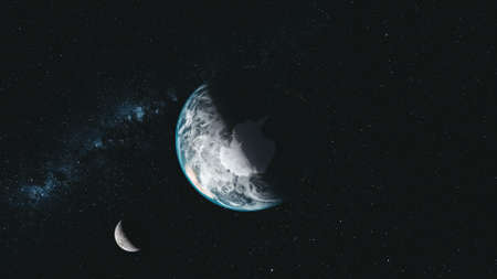 Spin Earth Moon Orbit Milky Way Satellite View. Universe Zoom Sun Beam Glow Interstellar Nebula Deep Outer Space Exploration Concept 3D Animationの写真素材