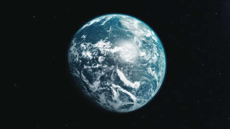 motion graph half lit blue white planet Earth rotating about axis approaches and moves away in black space. 3d animation. Science and technology concept.の写真素材