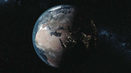 motion graph planet Earth model with illuminated mainlands on orbits around Sun against Milky Way in space. 3d animation. Science and technology concept.の写真素材