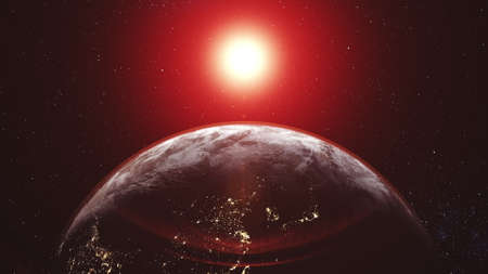 motion graph orange Sun floats over horizon shines Earth with halo over illuminated mainlands in outer space. 3d animation. Science and technology concept.の写真素材