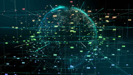 Planet Earth Cyberspace Particle Abstract Motion. Digital Continents Hologram Colorful Fly Dots Data World Network Map. Planet Rotation Outer Space Exploration Business Concept 3D Rendering Animationの写真素材