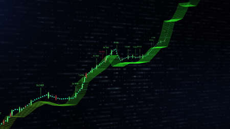 motion graph of growth curve in shape of wide ribbon changing colour from red through orange yellow to green with data marks in dark flashing background. 3d animation. Business and finance concept.の写真素材