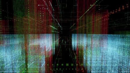motion graph blurry segmented green red and blue coloured voluminous figures of different shape with data marks in dark flashing squares background. 3d animation. Business and finance concept.の写真素材