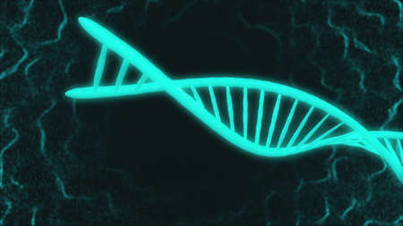 motion graphic of DNA large light blue model part moving in space and turning around in dark flashing background with thin white winding threads. 3d animation. Medicine biology science concept.の写真素材