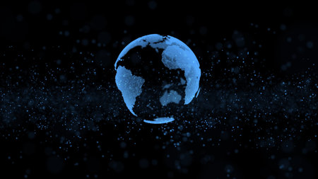 3d animation blue flashing information units create rotating modern globe model with illuminated...