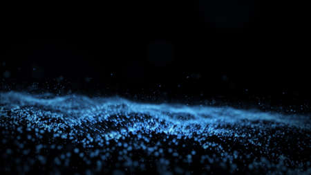computer graph small blue flashing information units create winding threads surface like oceanic waves in dark background. 3d animation. Motion graph. Digitized world and blue ocean strategy conceptの写真素材