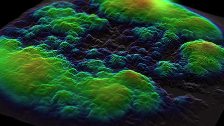 motion graph coloured waves grow and decrease in shape intensively changing colour from pink through green to brown on grey square in dark background. 3d animation. Business and finance concept.の写真素材