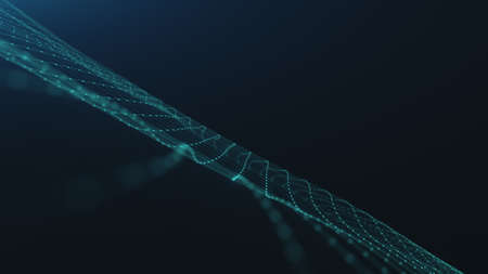 motion graph small blue information units connected into blurred lacy illuminated partically vibrant net in dark background. 3d animation. Digitized world and blue ocean strategy concept. Big data.の写真素材