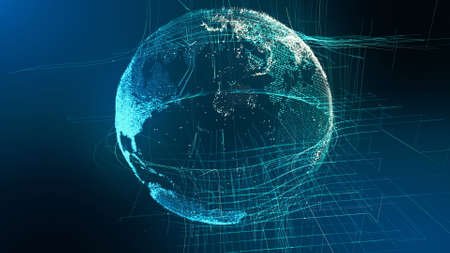 Motion Particle Earth Digital Globe Cyber Concept. Planet Network Data Abstract World Map Business Background. Universe Connection Landscape Scenery Outer Space Exploration 3D Rendering Animationの写真素材