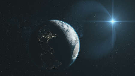 Earth Close Up Orbit Starry Deep Space Overview. Universe Constellation Satellite View. Dark Outer Galaxy Celestial Navigation Planet Zoom in 3D Animationの写真素材