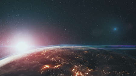 Epic Rotate Earth Close Up Surface Star Background. Sun Beam Glow Celestial Outer Space Deep Universe Exploration Concept 3D Animationの写真素材