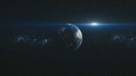 Spin Earth Orbit Meteor Glow Starry Background. Planet Fast Motion Universe Celestial Constellation World Map Deep Space Exploration Concept 3D Animationの写真素材