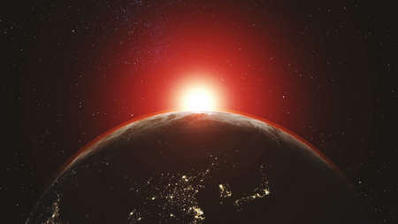 Earth Orbit Planet Skyline Flare Sun Beam Glow. Cosmic Bright Sunlight Radiance Satellite View Zoom in Outer Space Exploration Concept 3D Animationの写真素材