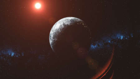 Epic Earth Orbit Observation Red Sun Beam Glow. Solar System Celestial Interstellar Milky Way Background. Deep Outer Space Travel Concept 3D Animationの写真素材