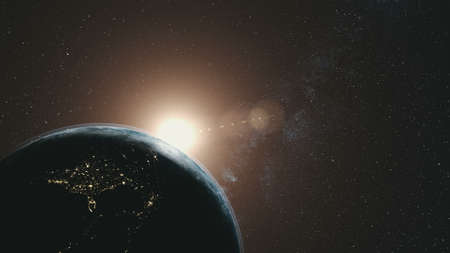 Earth Orbit Rotation Sun Beam Milky Way Background. Dark Outer Space Starry Galaxy Cosmos Constellation Travel Universe Exploration Concept 3D Animationの写真素材