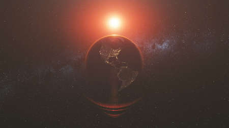 Earth Orbit Rotation Reverse Bright Red Sun Beam. Celestial Globe World Map Starry Universe Galaxy Constellation Universe Exploration Concept 3D Animationの写真素材