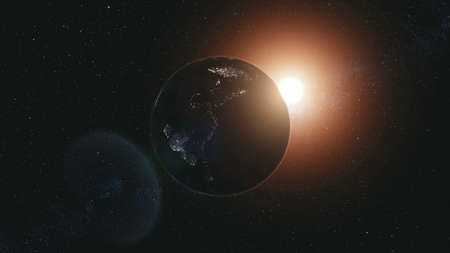 Rotate Planet Earth Zoom In Sun Beam Illuminate. Celestial Galaxy Constellation Cosmos Nebula Background Deep Open Space Travel Concept 3D Animationの写真素材