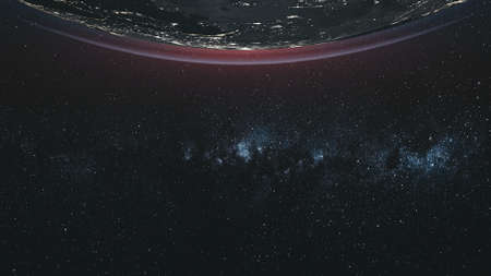 Earth Orbit Milky Way Spiral Galaxy Satellite View. Star Cluster Celestial Navigation Solar System Deep Outer Space Travel Concept Zoom in 3D Animationの写真素材