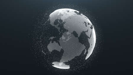 Planet Rotation Earth Particle Global Background. Worldwide Universe Map Sphere Motion Business Concept. Cosmic Globe Scenery Deep Outer Space Exploration Travel Concept 3D Rendering Animationの写真素材