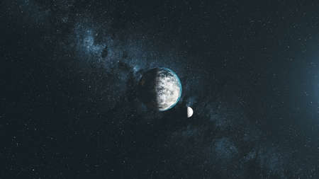 Rotate Earth Moon Orbit Star Background Top Down. Open Deep Galaxy Satellite Observation Interstellar Travel Outer Space Exploration Concept 3D Animationの写真素材