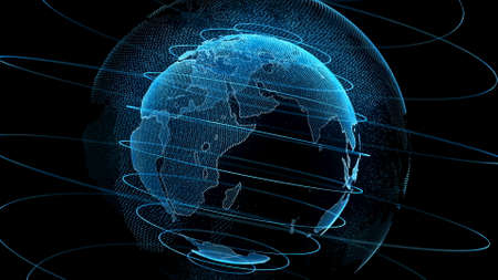 Motion Earth Digital Globe Transparent Surface. Planet Rotation Smaller Object Inside World Map Future Scientific Technology. Business Concept Universe Exploration Concept 3D Rendering Animationの写真素材