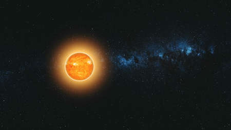 Sun Lit Earth Fast Motion Reduce Sight Zoom Out. Flare Sunlight Planet Starry Galaxy Deep Outer Space Navigation. Universe Exploration Concept 3D Animationの写真素材