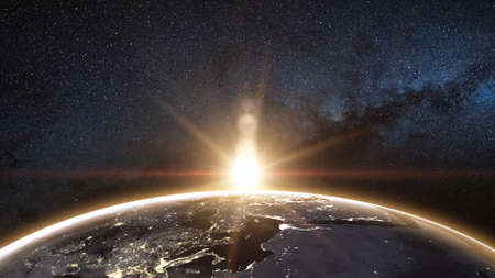 Sunrise view from space on Planet Earth. World rotating on its axis in black Universe in stars. Cities Lights at Night. High detailed 3D Render animation.の写真素材