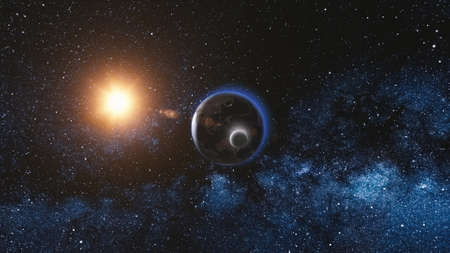 Sunrise view on Rotating Planet Earth and Moon. Milky way with thousand stars in the background. High detailed 3D Render animation.  Astronomy and scienceの写真素材