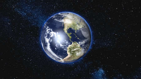 Beautiful Blue Earth with Moon satellite approach, rotating and spinning in open space - Cities Light change From Night To Day. High detail 3D Render. Zoom.の写真素材