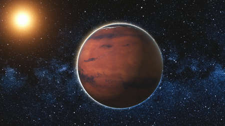 Mars in sun beams from open space. Red Planet close up rotate and spinning. Milky way in background. Abstract scientific background. 3D Render. Zoom.の写真素材