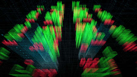 motion graph of blurry segmented green purple blue coloured voluminous figure growth in column shape with data marks in dark flashing squares background. 3d animation. Business and finance concept.の写真素材
