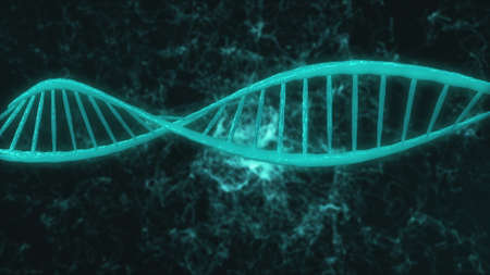 computer graphic of blue elements creating DNA large light blue model part turning around in dark flashing background with thin white winding threads. 3d animation. Medicine biology science concept.の写真素材