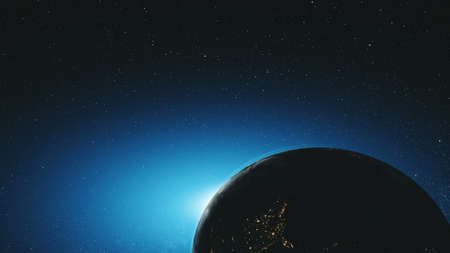 Amazing Earth Rotate Starry Orbit Outer Space. Epic Sun Beam Illuminate Star Clusters Spiral Galaxy Solar System Deep Outer Space Concept Zoom in 3D Renderの写真素材