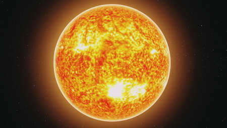 motion graph yellow Sun model with burning lava orange halo moves away in endless outer space with stars. 3d animation. Science and technology concept.の写真素材