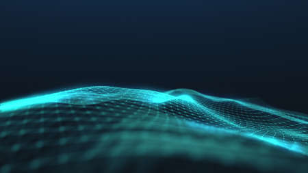3d animation small turquoise information units connected into perfect moving illuminated winding net in dark background. Motion graph. Digitized world and blue ocean strategy concept. Big data.の写真素材