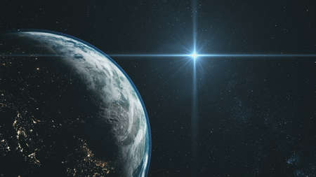 Spin Planet Earth Orbit Flare Star Space Radiance. Cosmic Globe World Map Satellite View Galaxy Navigation Travel Universe Exploration Concept 3D Animationの写真素材