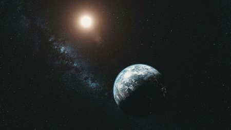 Earth Orbit Rotation Sun Beam Milky Way Background. Dark Outer Space Starry Galaxy Cosmos Constellation Travel Universe Exploration Concept 3D Animationの写真素材