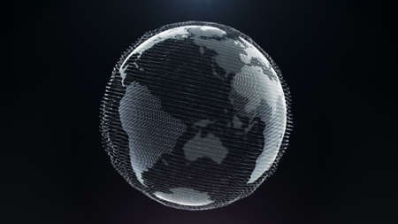 Motion Particle Earth Digital Business Concept. World Map Landscape Future Technology Global Connection Celestial Object. Scientific Approach Grid Lines Deep Outer Space Exploration 3D Renderingの写真素材