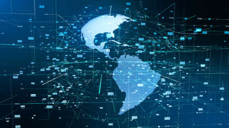 Earth Particle Motion Global Business Concept. Digital Hologram Futuristic Cyberspace Emit Dots Network Grid. Shine Planet Map Landscape Continents Surface Abstact Loop 3D Rendering Animationの写真素材