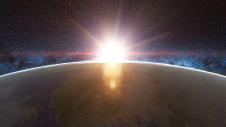 Beautiful sunrise view from space on Planet Earth. World close up rotating in Universe of blue sky stars. High detailed 4k 3D Render animation.の写真素材