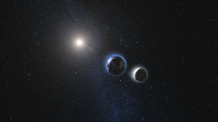 Planet Earth and Moon rotating and approach in open space in black Universe of stars. High detail 3D Render animation. Astronomy and science concept.の写真素材
