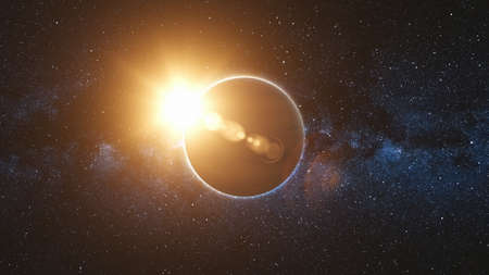 Mars in sun beams from open space. Red Planet approach, rotate, spinning in black Universe of stars. Abstract scientific background. High detail 3D Render.の写真素材